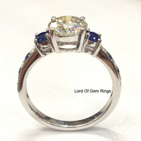 Reserved for Megan Round Moissanite Engagement Ring Accent Sapphire Moissanite 14K White Gold Forever Brilliant - Lord of Gem Rings - 4