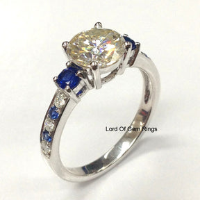 Reserved for Megan Round Moissanite Engagement Ring Accent Sapphire Moissanite 14K White Gold Forever Brilliant - Lord of Gem Rings - 5