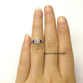 Reserved for Megan Round Moissanite Engagement Ring Accent Sapphire Moissanite 14K White Gold Forever Brilliant - Lord of Gem Rings - 3