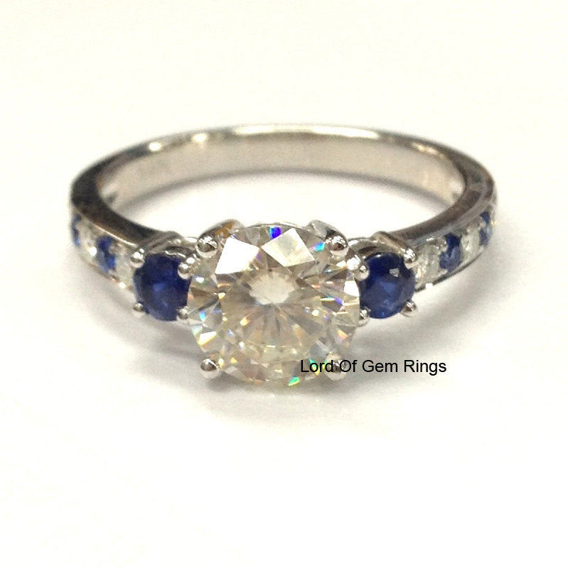 Reserved for Megan Round Moissanite Engagement Ring Accent Sapphire Moissanite 14K White Gold Forever Brilliant - Lord of Gem Rings - 2