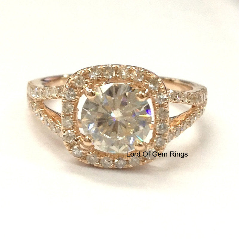Round Moissanite Engagement Ring Pave Diamond Wedding 14K Rose Gold 6.5mm - Lord of Gem Rings - 1