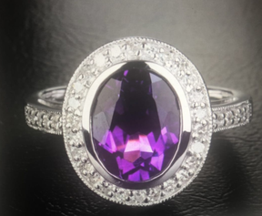 Reserved for ITU  Bezel oval Purple Amethyst Milgrain Diamond Ring 14k White Gold 8x10mm