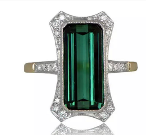 Reserved for Karen Elongated Emerald Cut Green Tourmaline Ring 10K Gold