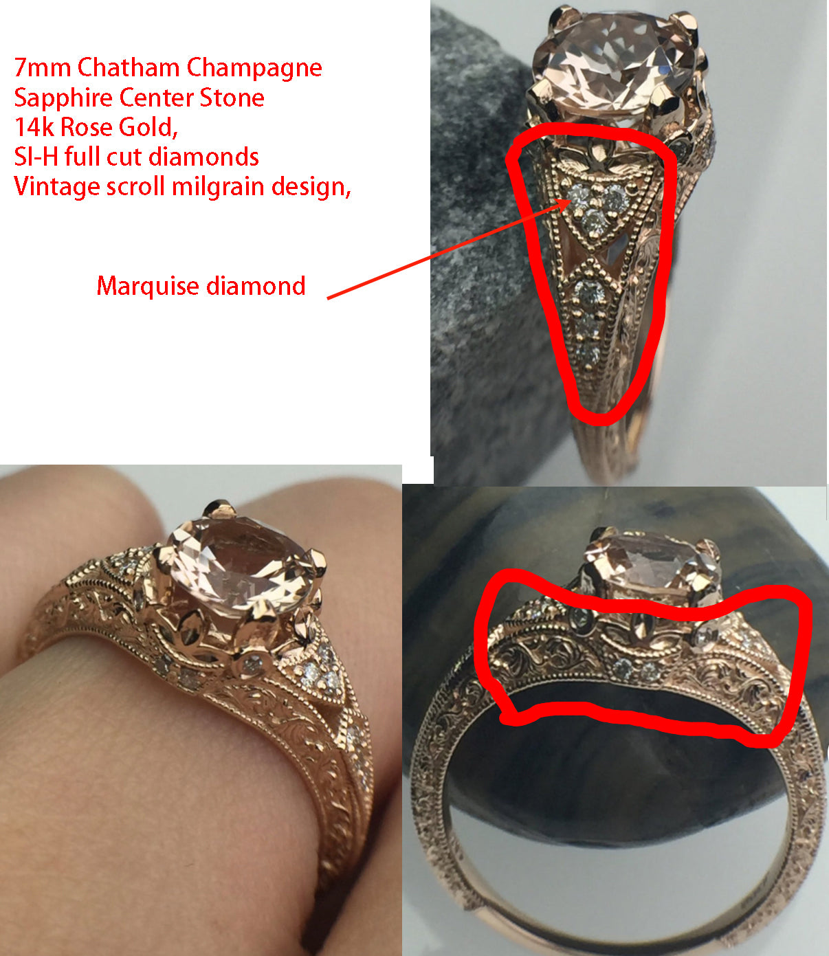 Reserved for Lisa - Custom Vintage Style Diamond Engagement Ring 14K Rose Gold