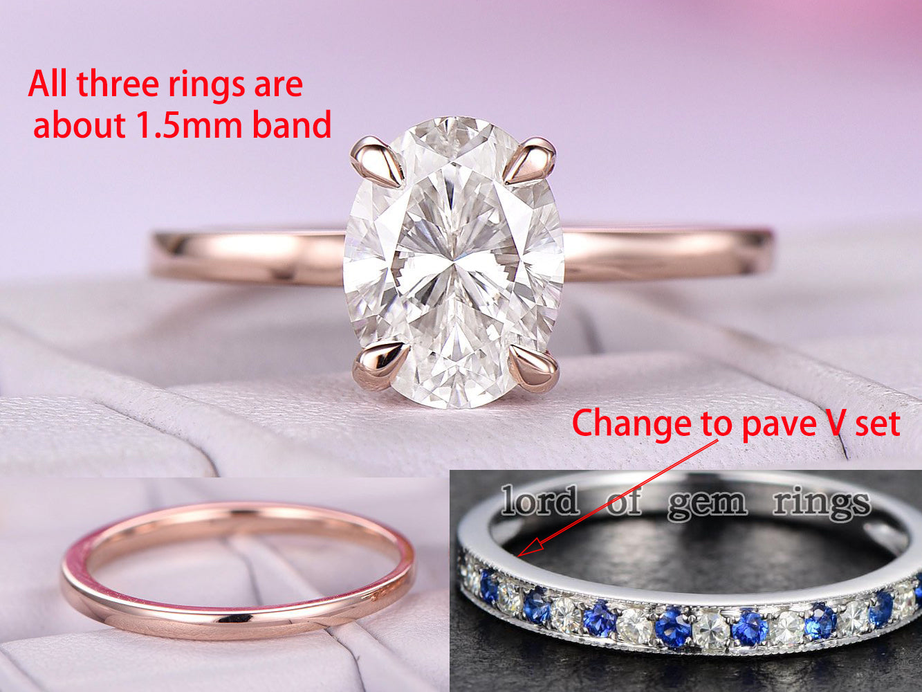 Reserved for Lottie- 6x8mm Oval Moissanite Engagement Ring 10K Rose Gold & Matching Bands