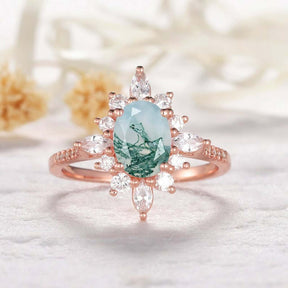 Vintage Oval Moss Agate Diamond Halo Floral Engagement Ring