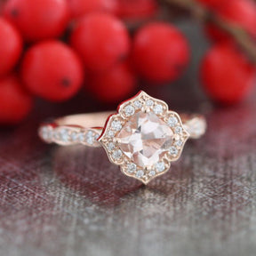 Reserved for natehoncho Cushion Morganite Cathedral Ring Diamond Art Deco Shank 18K Rose Gold 7mm