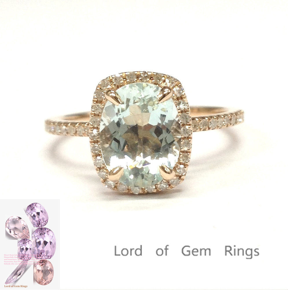 Oval Aquamarine Engagement Ring Pave Diamond Wedding 14K Rose Gold 6x8mm Cushion Halo - Lord of Gem Rings - 1