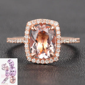 Oval Morganite Engagement Ring Pave Diamond Wedding 14K Rose Gold 7x9mm Cushion Halo - Lord of Gem Rings - 2