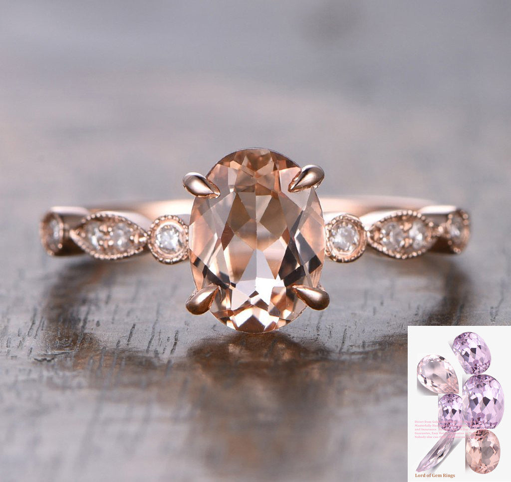 Oval Morganite Engagement Ring Pave Diamond Wedding 14K Rose Gold 6x8mm Art Deco - Lord of Gem Rings - 1
