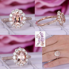 Reserved for AAA Oval Morganite Ring 2mm+ diamond Halo 14K White Gold 6x8mm