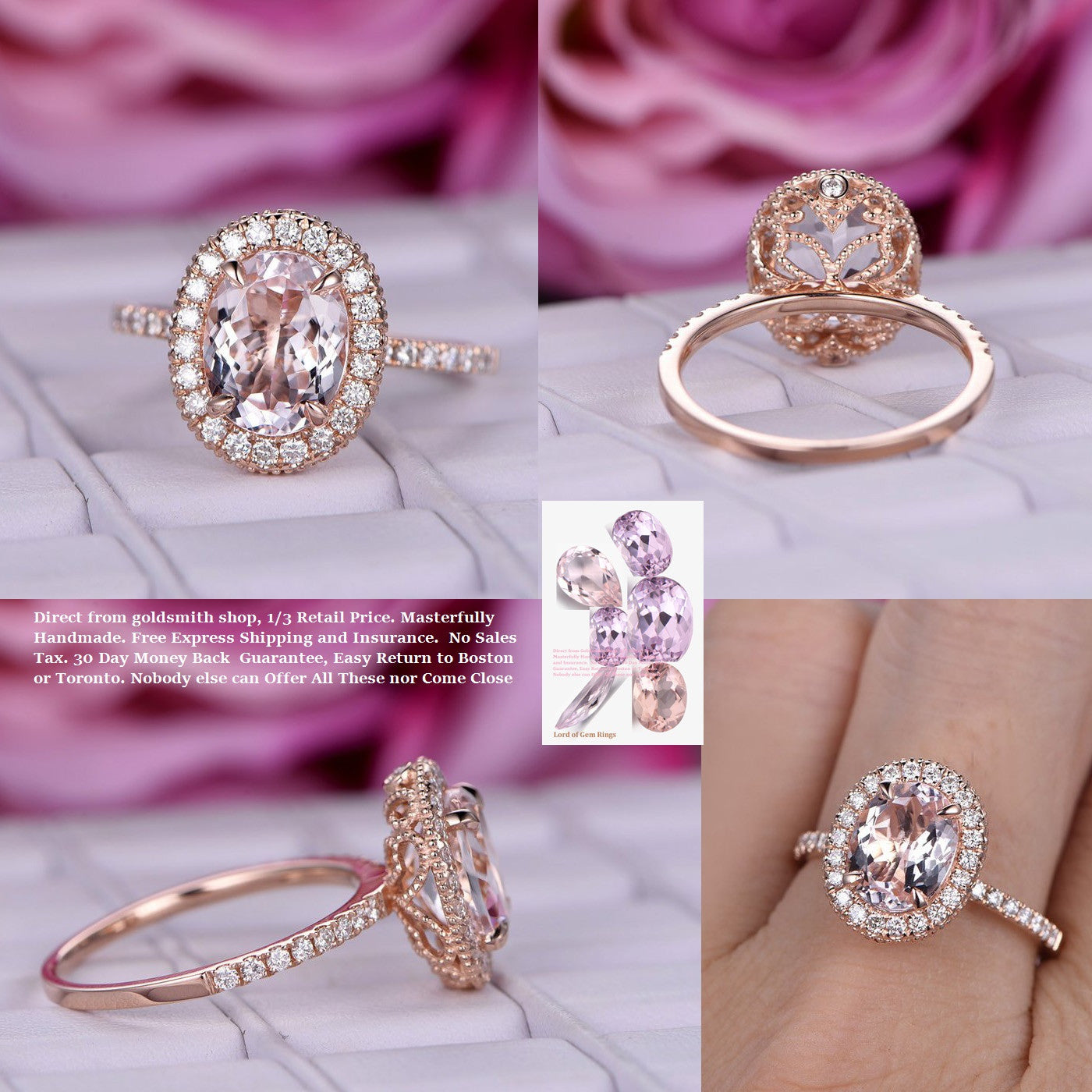 Reserved for AAA Oval Morganite Engagement Ring Accent diamonds 14K White Gold Milgrain Under Gallery 8x10mm