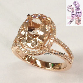 Oval Morganite Engagement Ring Pave Diamond Wedding 14K Rose Gold 8x10mm Split Shank - Lord of Gem Rings - 1