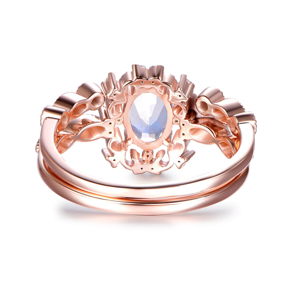 Vintage Oval Moonstone Ring with Diamond Tiara Wedding Band Bridal Set