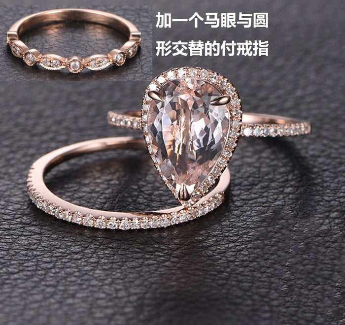 Reserved for Jazz, Elongated Pear Morganite Ring Trio Sets Diamond Wedding Bands 14K Rose Gold