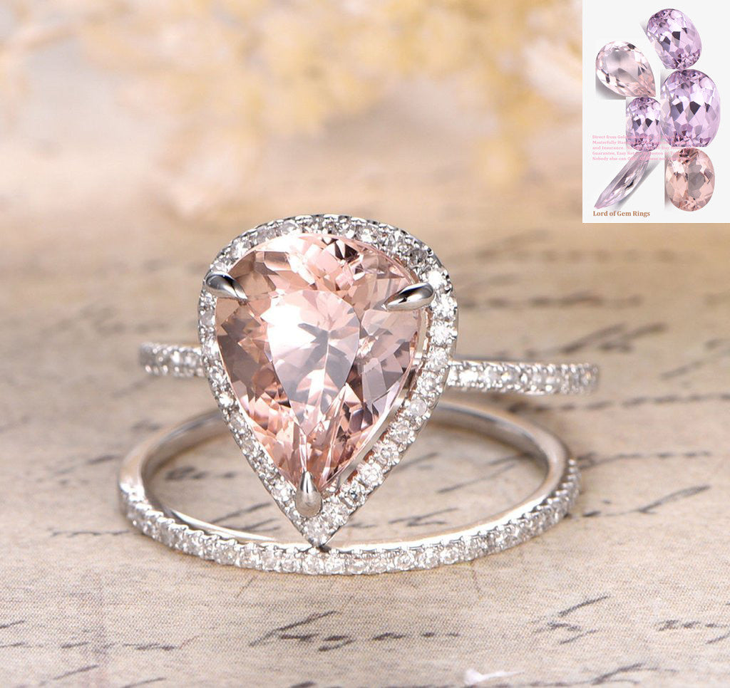Pear Morganite Engagement Ring Sets Pave Diamond Wedding 14K White Gold 10x12mm - Lord of Gem Rings - 1