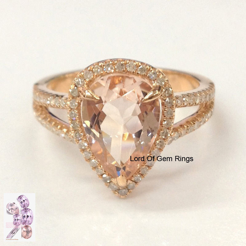 Pear Morganite Engagement Ring Pave Diamond Wedding 14K Rose Gold 8x12mm - Lord of Gem Rings - 2