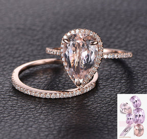 Pear Morganite Engagement Ring Sets Pave Diamond Wedding 14K Rose Gold 8x12mm - Lord of Gem Rings - 1