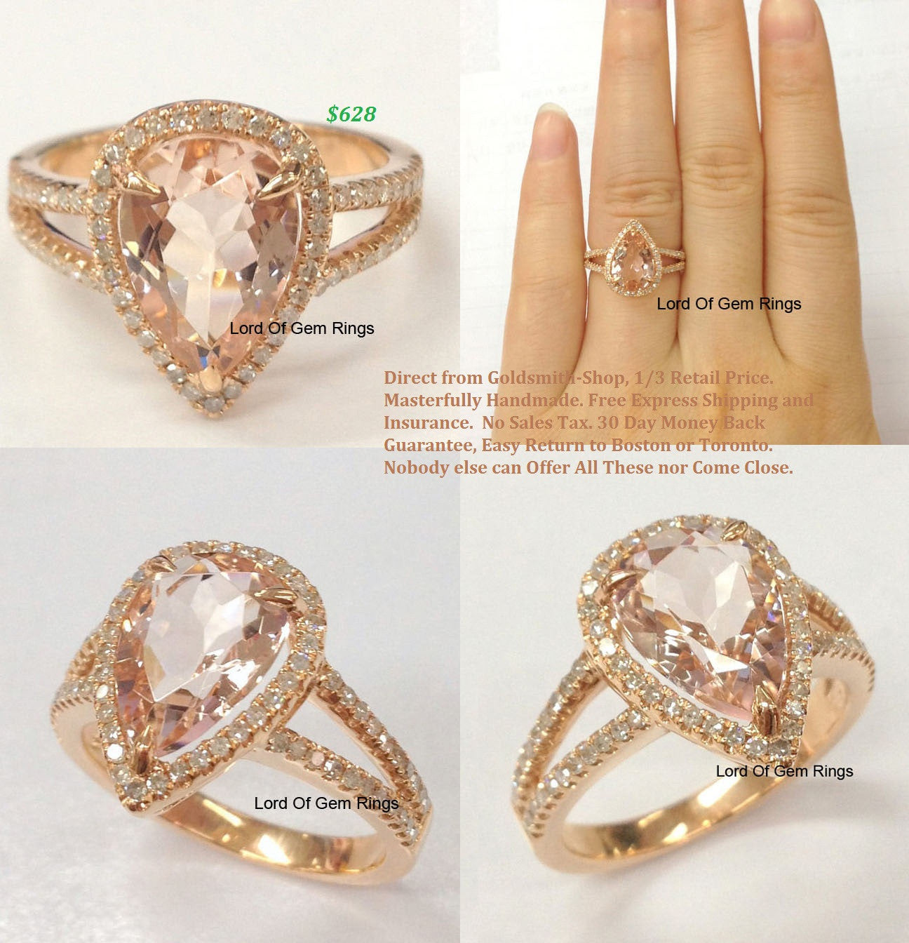 Pear Morganite Engagement Ring Pave Diamond Wedding 14K Rose Gold 8x12mm - Lord of Gem Rings - 1