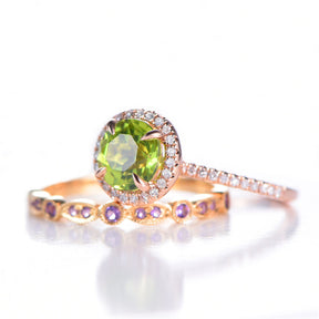 Round Peridot Ring Amethyst Wedding Band Bridal Set 14K Gold