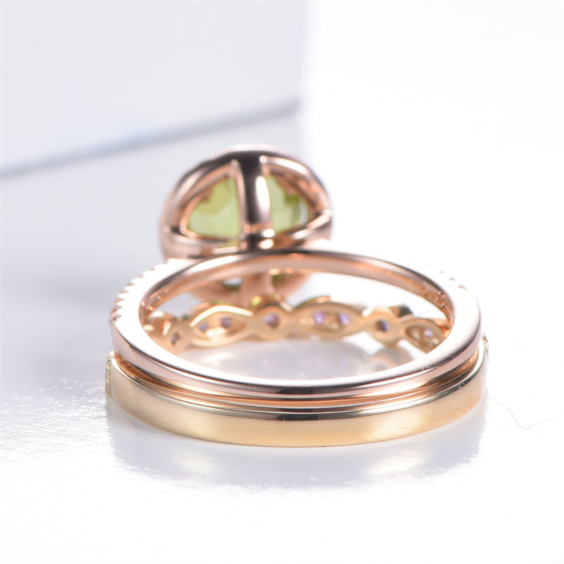 Round Peridot Ring Amethyst Wedding Band Bridal Set 14K Gold