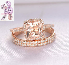 Princess Morganite Engagement Ring Diamond Wedding Ring Trio Bridal Sets 14K Rose Gold 7mm,Cushion Halo - Lord of Gem Rings - 1