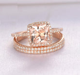 Princess Morganite Ring Cushion Halo Diamond Trio Bridal Set