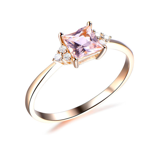 Princess Morganite Ring Triple Diamond Accents 14K Yellow Gold
