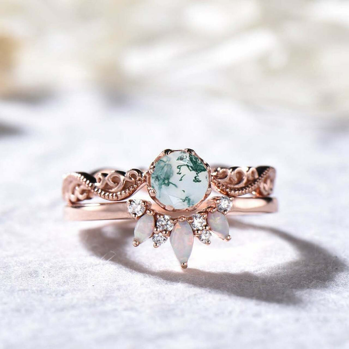 Vintage Milgrain Round Moss Agate Diamond Opal Tiara Wedding Ring Set