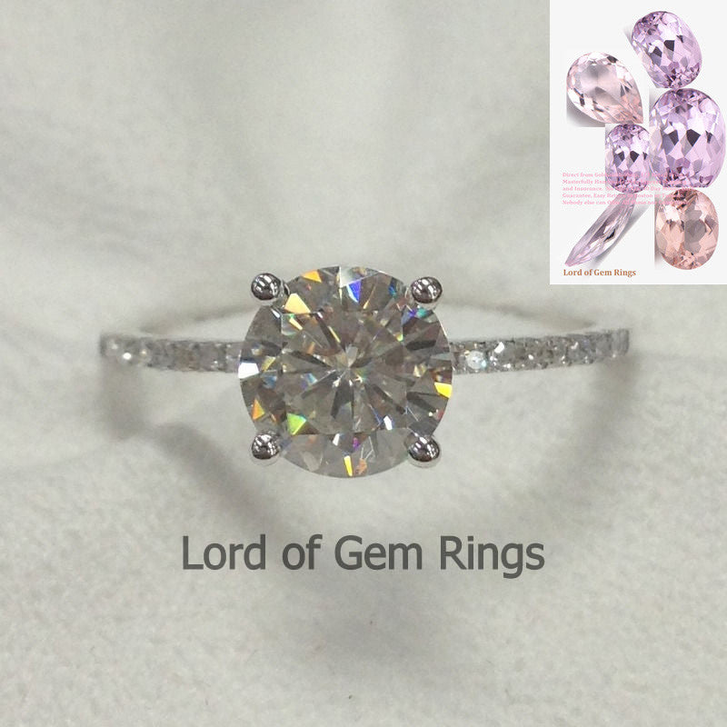 Round Moissanite Engagement Ring Pave Diamond Wedding 14K White Gold 7mm - Lord of Gem Rings - 1