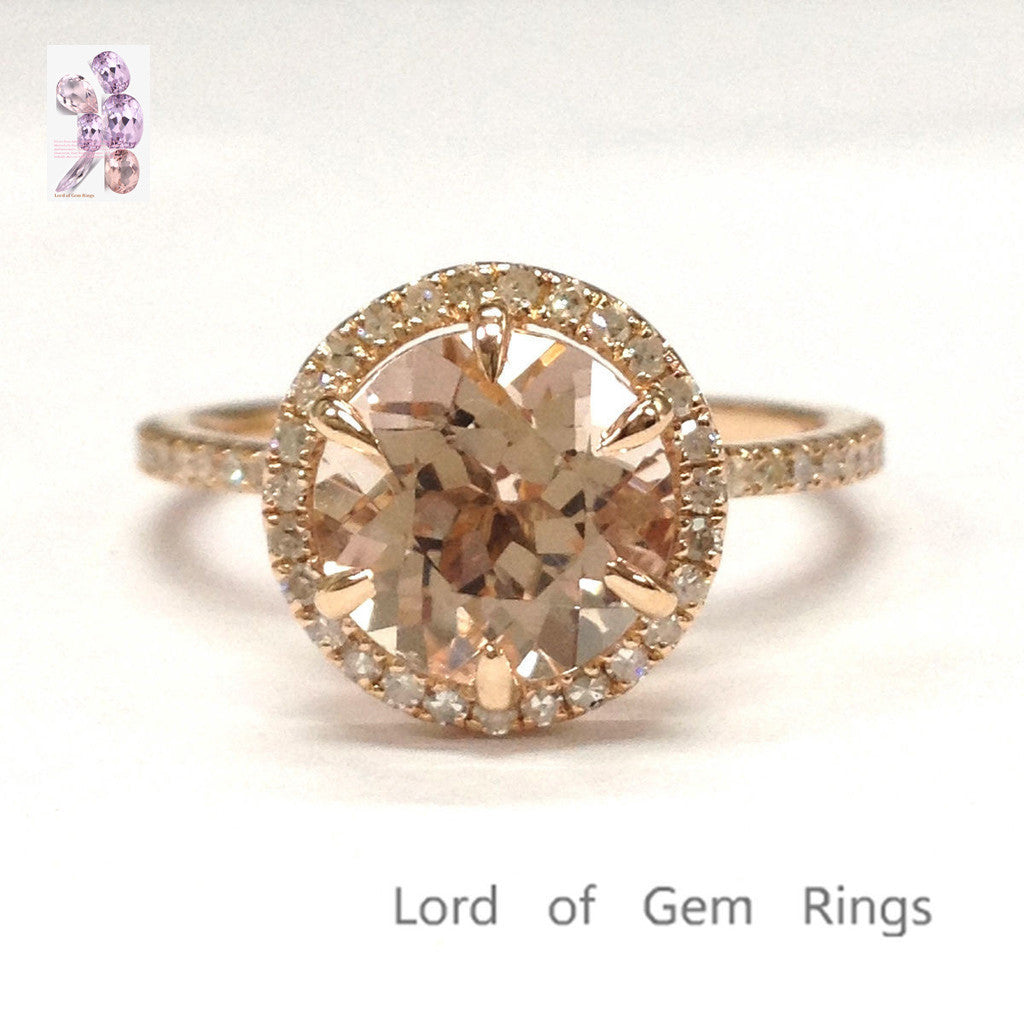 Round Morganite Engagement Ring Pave Diamond Wedding 14K Rose Gold 8mm Six Prongs - Lord of Gem Rings - 1