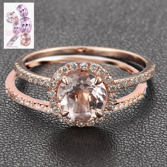 Round Morganite Engagement Ring Sets Pave Diamond Wedding 14K Rose Gold 7mm - Lord of Gem Rings - 1