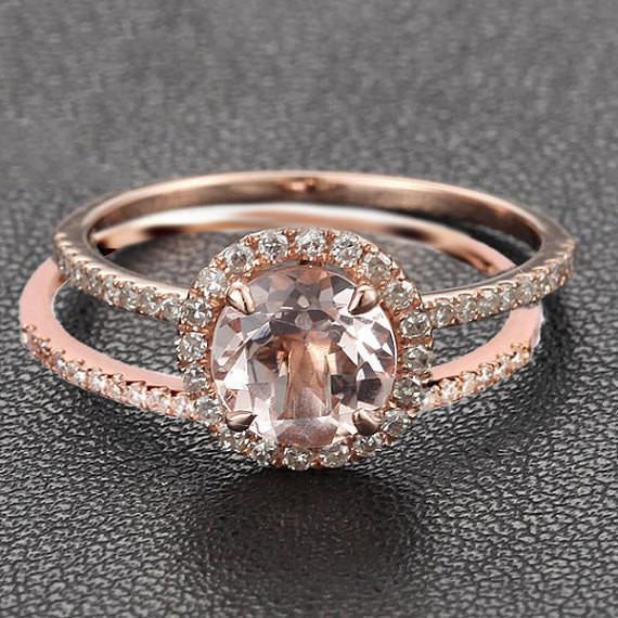 Round Morganite Engagement Ring Sets Pave Diamond Wedding 14K Rose Gold 7mm