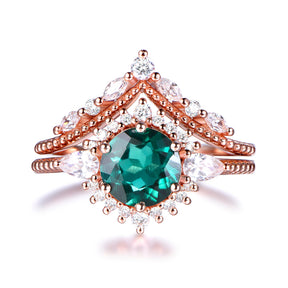 Round Emerald Ring Tiara Chevron Diamond Wedding Bridal Set