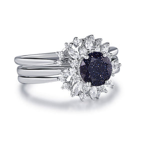 Round Blue Sandstone Moissanite Halo Engagement Ring Bridal Set 14K White Gold