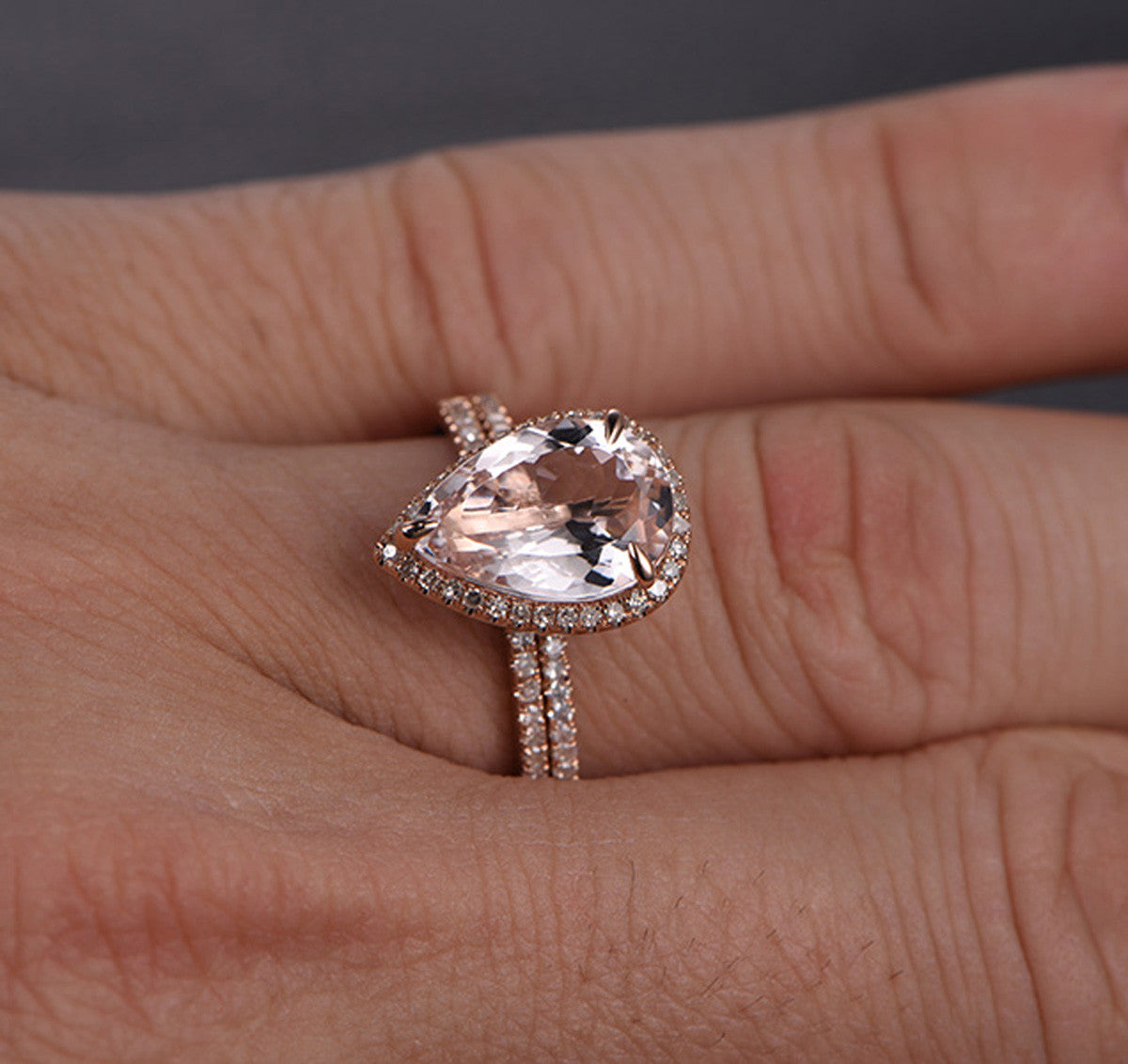 Pear Morganite Engagement Ring Sets Pave Diamond Wedding 14K Rose Gold 8x12mm - Lord of Gem Rings - 4
