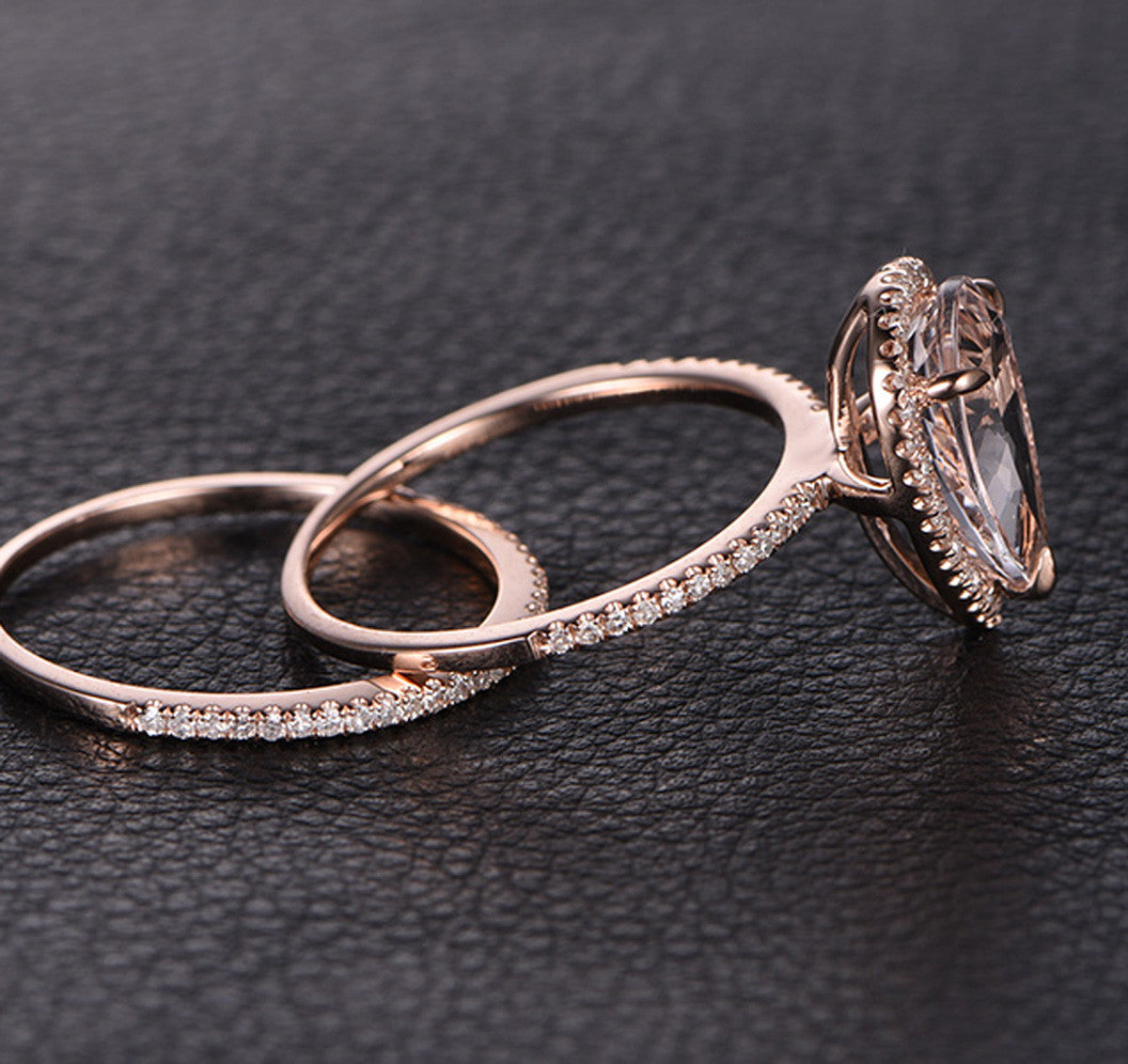 Pear Morganite Engagement Ring Sets Pave Diamond Wedding 14K Rose Gold 8x12mm - Lord of Gem Rings - 2