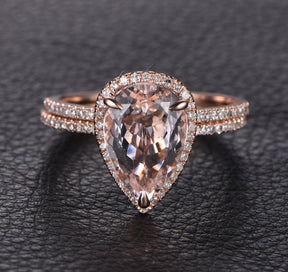 Pear Morganite Engagement Ring Sets Pave Diamond Wedding 14K Rose Gold 8x12mm - Lord of Gem Rings - 3