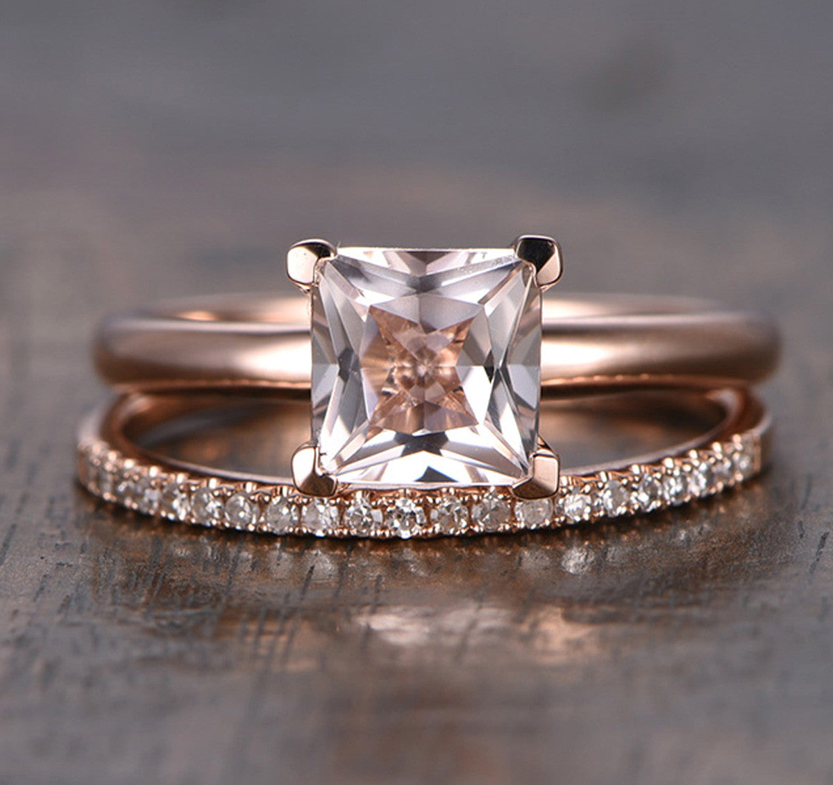 Princess Morganite Engagement Ring Sets Pave Diamond Wedding 14K Rose Gold 6.5mm - Lord of Gem Rings - 2