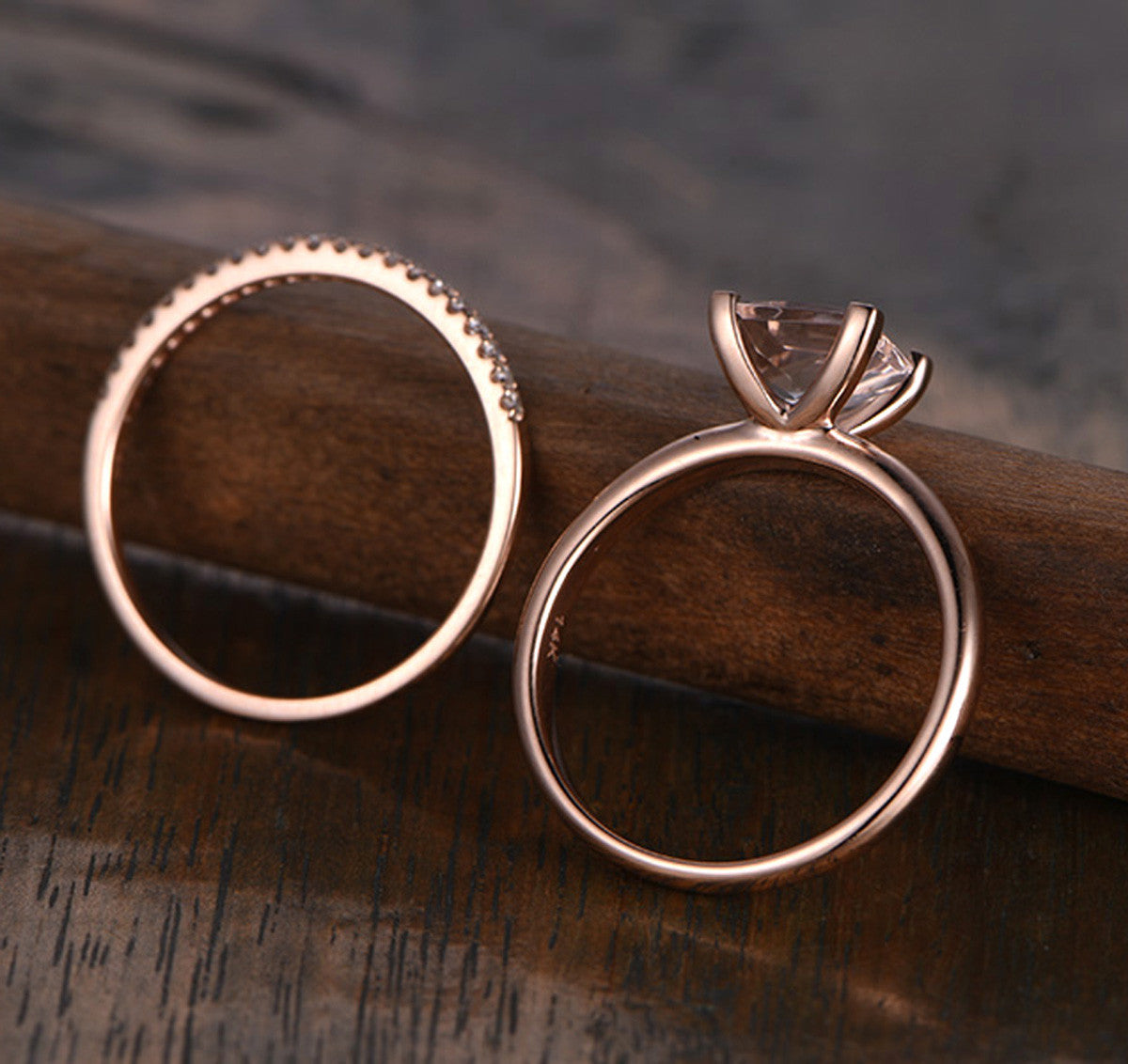 Princess Morganite Engagement Ring Sets Pave Diamond Wedding 14K Rose Gold 6.5mm - Lord of Gem Rings - 4