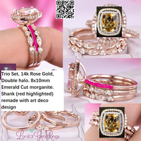 Reserved for Terra Emerald Cut Morganite Ring Trio Set Diamond Double Halo 14K Rose Gold 7x9mm