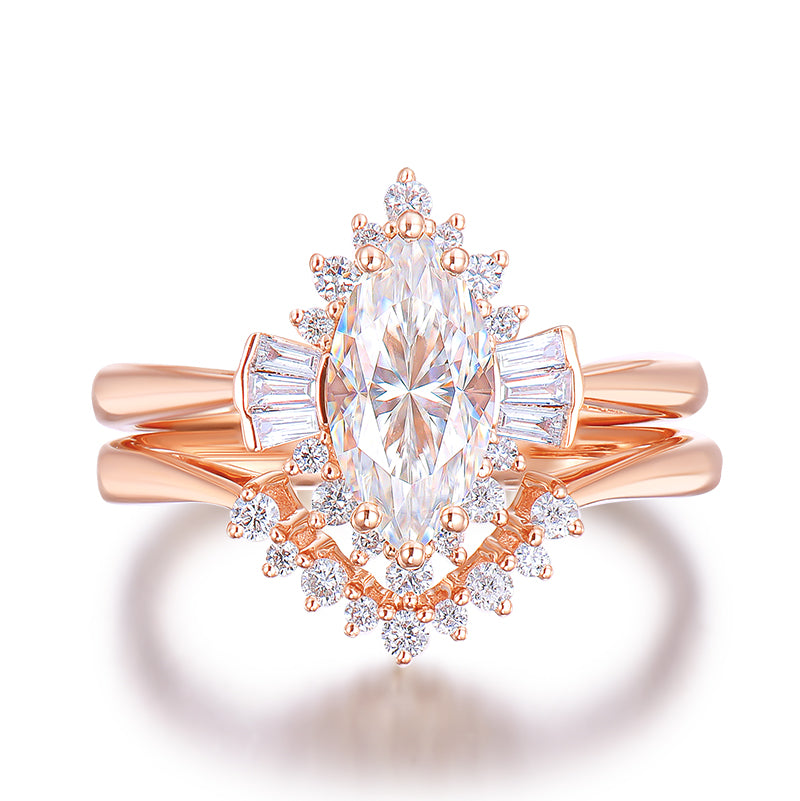 Art Deco Marquise Moissanite & Diamond Bridal Set 14K Yellow Gold